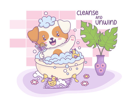 Cute smiling cartoon dog bathes in bath with foam and relaxing with cocktail. Funny kawaii animal character. Vector illustration. Cool card about water treatments in bathroom and relaxing holidaysのイラスト素材