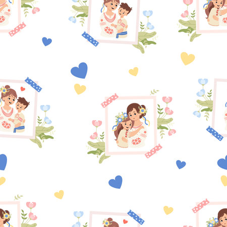 Seamless pattern Ukrainian woman with son and daughter in traditional embroidered clothes on white background with flowers and yellow-blue hearts. Vector illustration. Cultural national character.のイラスト素材