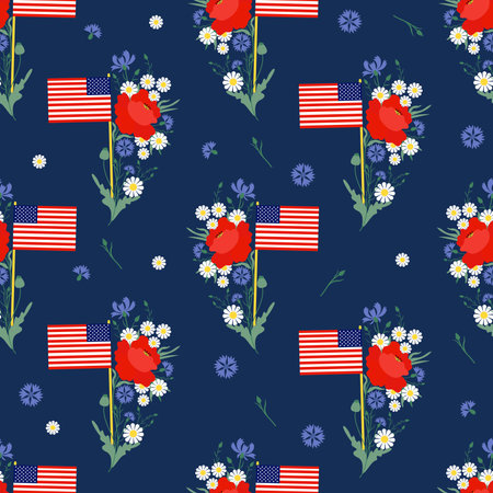 Memorial Day Seamless pattern. American flag with flowers red poppy, cornflowers and chamomile on blue background. Vector illustration for design of national holidays and independence dayのイラスト素材