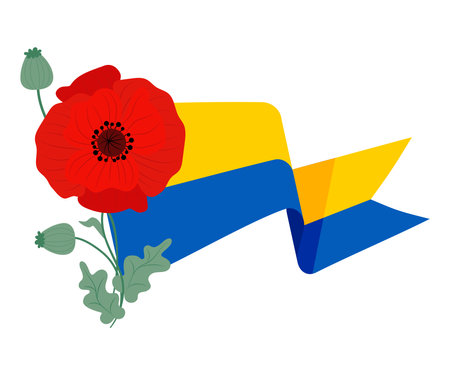 Ukraine yellow and blue flag with Red poppy flower. Vector illustration in flat style. Symbol of memory, veteran, military and victoryのイラスト素材