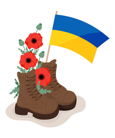 Military veteran boots with bouquet of poppy flowers and yellow-blue flag of Ukraine. Vector illustration in flat style. Symbol of memory, veteran, military, independence and victoryのイラスト素材