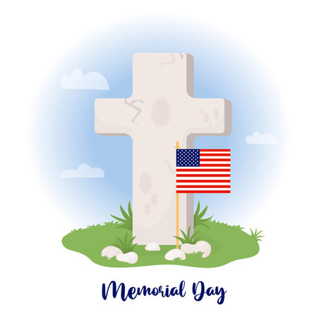 Memorial Day card. Grave cross with American flag and grass with stones. Veterans Military Cemetery. Vector illustration for design national traditional holidays USAのイラスト素材