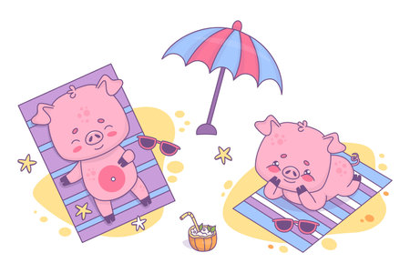 Beach holiday. Happy beach pigs sunbathing resting on beach towel under sun umbrella with coconut summer cocktail. Isolated funny relaxing animal character on white. Vector illustrationのイラスト素材