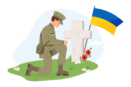 Military soldier on one knee in front of grave cross with yellow-blue Ukrainian flag and poppy flowers. Memorial Day. Veterans Military Cemetery. Vector illustrationのイラスト素材