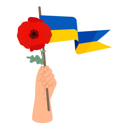 Hand with Ukrainian flag and red poppy flower. Vector illustration in flat styleのイラスト素材