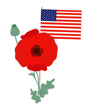 American flag with red poppy flower. Memorial Day. Vector illustration in flat style for design national traditional holidaysのイラスト素材