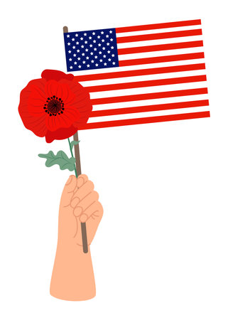 Hand with American flag and red poppy flower. Vector illustration in flat styleのイラスト素材