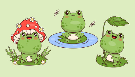 Cute frog amanita mushroom, in swamp and under leaf. Isolated funny animal kawaii character. Vector illustration. Kids collectionのイラスト素材