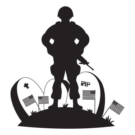 Memorial Day. Military soldier with weapons stands in front of graves with American flags. Veterans Cemetery. Silhouette drawing. Vector illustration for design national traditional holidays.のイラスト素材