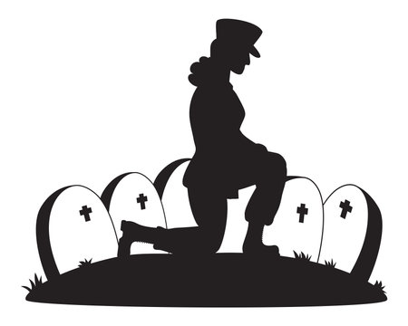 Memorial Day. Military soldier woman on one knee in cemetery in front of graves. Vector Silhouette drawing.のイラスト素材