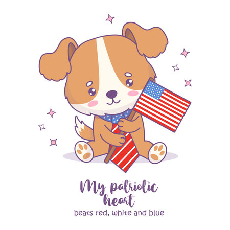 Cute dog wearing tie and holding American flag. Fourth of July American Independence Day card. Festive cartoon kawaii patriotic animal character with funny slogan congratulations. Vector illustration.のイラスト素材