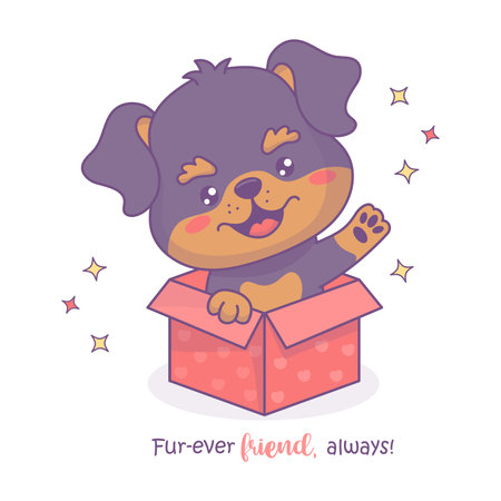 Happy puppy Rottweiler with in festive gift box. Cute holiday cartoon kawaii character animal dog. Vector illustration. Kids collection.のイラスト素材