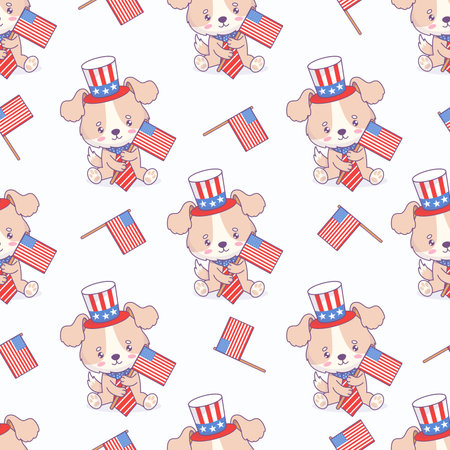 Seamless pattern with patriotic cartoon dog wearing symbolic hat, tie and American flag on white background. Vector illustration for design national traditional holidays and Independence Day.のイラスト素材