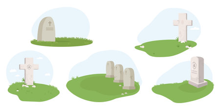 Cemetery. Collection of grave crosses, tombstones, stone graves in grass. Isolated vector illustration.のイラスト素材