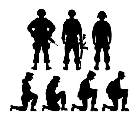 Military people collection. Soldiers standing with their backs with weapons and warrior men and women stand on one knee. Isolated black drawings silhouettes. Vector illustrationのイラスト素材