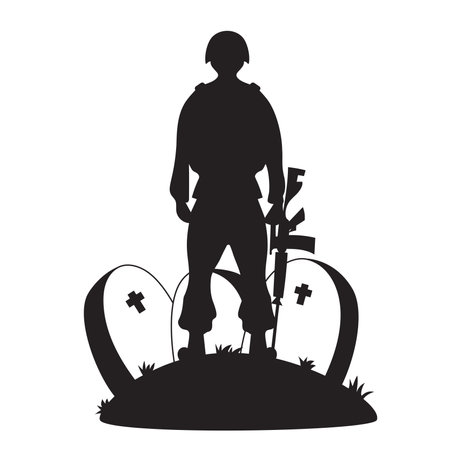 Military soldier stands with weapon in front of graves in graveyard. Veterans Cemetery. Memorial Day. Silhouette drawing. Vector illustrationのイラスト素材