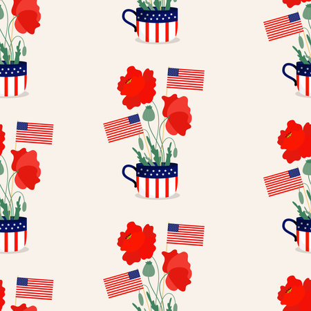 Memorial Day. Festive Seamless pattern. American flags in symbolic cup with red poppy flowers. Vector illustration for design national traditional holidays and Independence Dayのイラスト素材