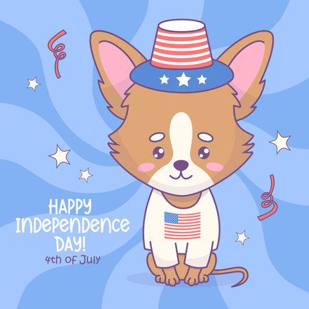 Cute patriotic dog chihuahua in holiday hat and T-shirt with American flag. Funny cartoon kawaii animal character. American Independence Day card. Vector illustrationのイラスト素材