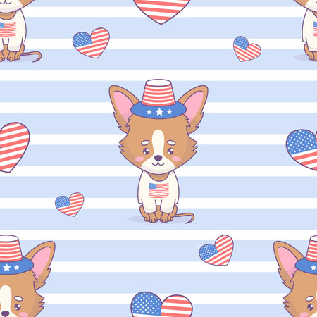 Seamless pattern with cartoon dog chihuahua wearing symbolic t-shirt with American flag and hat on white and blue striped background with hearts. Vector illustration. Independence Dayのイラスト素材