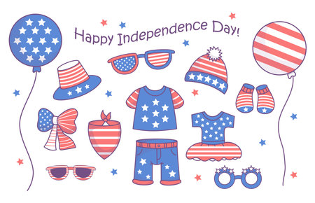 Independence Day holiday set. Cute festive patriotic dog clothes, accessories, party decorations, balloon, dress, socks, hat, bow in American flag colors. Isolated vector illustrations.のイラスト素材