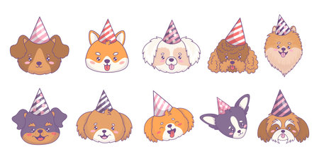 Cute portraits dogs in birthday caps of different breeds set. Funny muzzle of chihuachua, mongrel, spitz, rottweiler, poodle, Shiba Inu, Shih Tzu. Isolated cartoon kawaii animal. Vector illustration.のイラスト素材