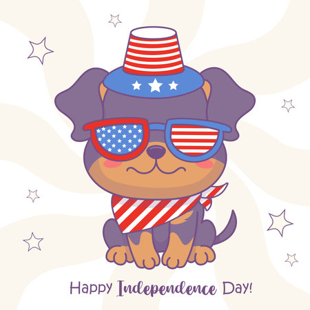 Happy patriotic dog in party glasses, hat and neckerchief in colors of American flag. Rottweiler puppy cartoon kawaii animal. Holiday Fourth of July American Independence Day. Vector illustration.のイラスト素材