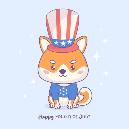 Cute patriotic dog Shiba Inu wearing party hat and t-shirt in colors of American flag. Funny holiday cartoon kawaii character. Postcard American Independence Day. Vector illustration.のイラスト素材