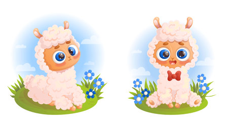 Cute little Llama alpaca. Happy cartoon animals with bleu flowers ang sky. Isolated Vector illustrationsのイラスト素材