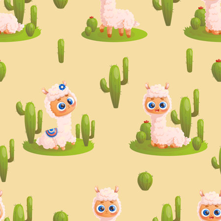 Seamless pattern with cute Llama alpaca on background with cactus. Vector illustration for design, wallpaper, packaging, textile. Kids collectionのイラスト素材