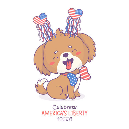 Funny patriotic dog wearing holiday accessories in colors of American flag. Cute cartoon kawaii animal character. American Independence Day card. Vector illustration. Kids collectionのイラスト素材