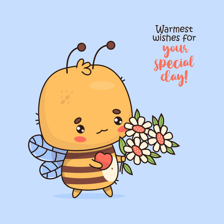 Funny bee with heart and bouquet of flowers. Cute cartoon insect kawaii character. Vector illustration. Cool holiday card. Kids collection.のイラスト素材