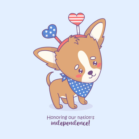 Cute patriotic dog chihuahua in holiday accessories in colors American flag. Funny cartoon kawaii animal character. American Independence Day card with slogan congratulations. Vector illustrationのイラスト素材