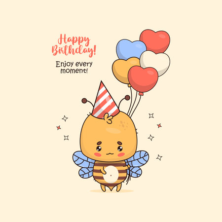 Funny bee in birthday cap with balloons. Cute cartoon insect kawaii character. Vector illustration. Happy birthday holiday card. Kids collectionのイラスト素材