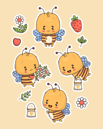 Cute bee sticker collection. Funny insect character with bouquet flowers chamomile and bucket of honey. Isolated elements in cartoon kawaii style. Vector illustrationのイラスト素材
