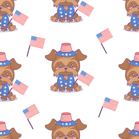 Seamless pattern with cartoon dog Yorkshire Terrier in patriotic hat and clothes with American flag on white background. Vector illustration for design national traditional holidays, Independence Dayのイラスト素材