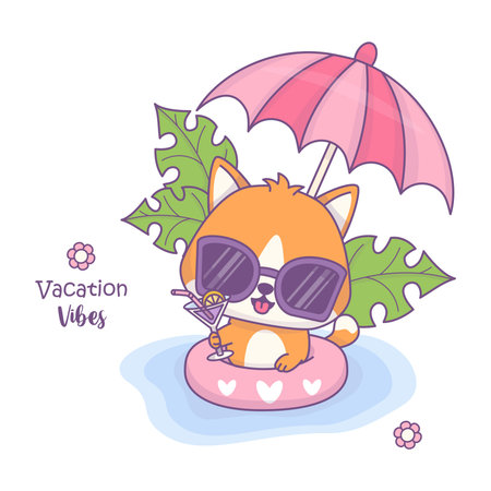 Charming cute cat in sunglasses with cocktail drink swims in rubber circle under sun umbrella. Whimsical sunny vacation atmosphere. Funny cartoon kawaii character. Vector illustration.のイラスト素材