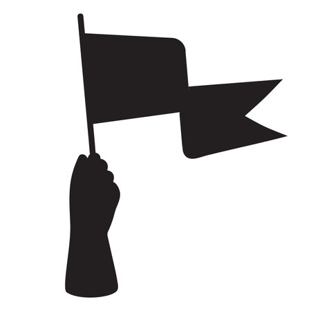 Hand with flag. Black silhouette hand drawing. Vector illustration.のイラスト素材