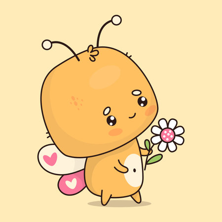 Cute butterfly with daisy flower. Funny cartoon insect kawaii character. Vector illustration. Kids collectionのイラスト素材
