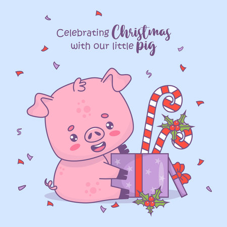 Cute Christmas pig with gift box with festive striped candy cane with holly. Vector illustration. Holiday card with funny cartoon winter animal character with cool slogan. Kids collection.のイラスト素材
