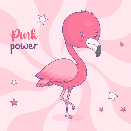 Cute power pink flamingo. Funny cartoon kawaii bird character. Vector illustration. Cool card.のイラスト素材