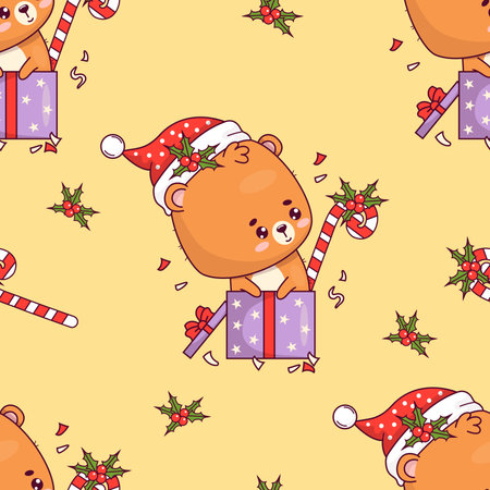 Seamless pattern with Christmas cute bear cub wearing Santa hat in gift box on yellow background with holly. Funny Xmas kawaii animal character. Vector illustration. Kids collectionのイラスト素材