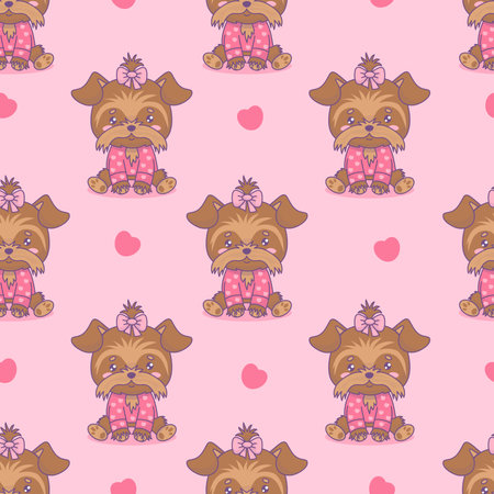 Seamless pattern with cartoon dog Yorkshire Terrier girl on pink background. Funny kawaii animal. Vector illustration. Kids collection.のイラスト素材