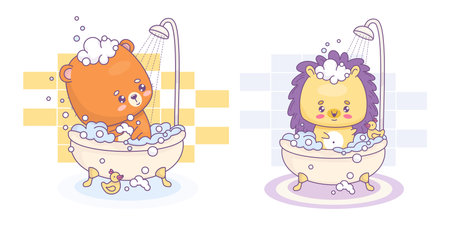 Cute cartoon bear and hedgehog bathes in bath with foam and rubber duck. Isolated funny kawaii animals character in shower in bathroom. Vector illustration. Kids collectionのイラスト素材