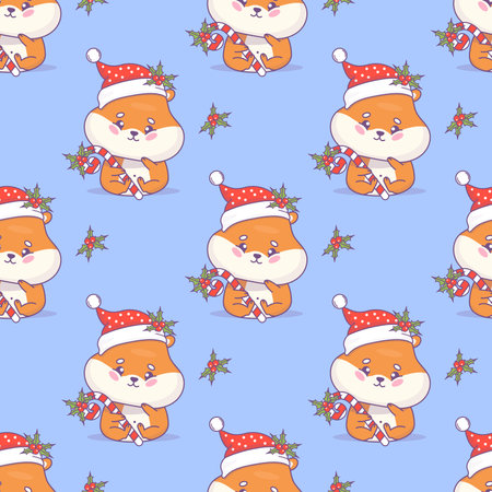 Cute Christmas seamless pattern with cartoon hamster rodent character in Santa hat with striped candy cane on blue background with holly. Vector illustration. Kids collection.のイラスト素材