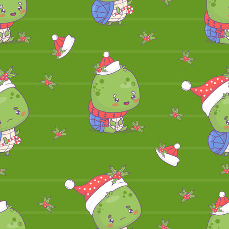 Seamless pattern with Christmas turtle in Santa hat on green background with holly. Cute New Year cartoon kawaii animal character. Vector illustration. Kids collectionのイラスト素材