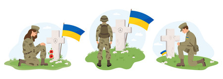 Veterans Cemetery and Ukrainian military. Soldiers woman and man on one knee in front of grave cross with yellow-blue Ukrainian flags. Memorial Day. Isolated vector illustrations in flat styleのイラスト素材