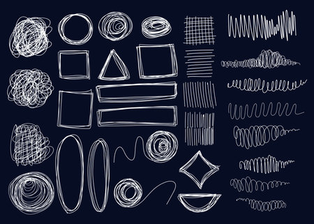 Hand drawn scribbles collection. Grunge scrawls, charcoal scribbles, white pencil curly lines, curvature strokes, shapes and geometric frame. Scrawl vector isolated textured elementsのイラスト素材