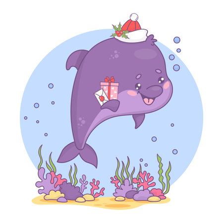 Cute Christmas dolphin in Santa hat with gift and letter. Underwater world with seaweed and holiday cartoon kawaii character animal. Vector illustration. Kids collectionのイラスト素材