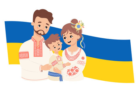 Happy Ukrainian family. Cute man, woman and and son in traditional clothes embroidered shirt vyshyvanka against background of yellow-blue flag. Independence Day of Ukraine. Vector illustrationのイラスト素材