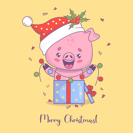 Cute happy pig in Santa hat in gift box with festive garland. Merry Christmas card. Vector illustration. Holiday funny cartoon kawaii animal character. Kids collectionのイラスト素材